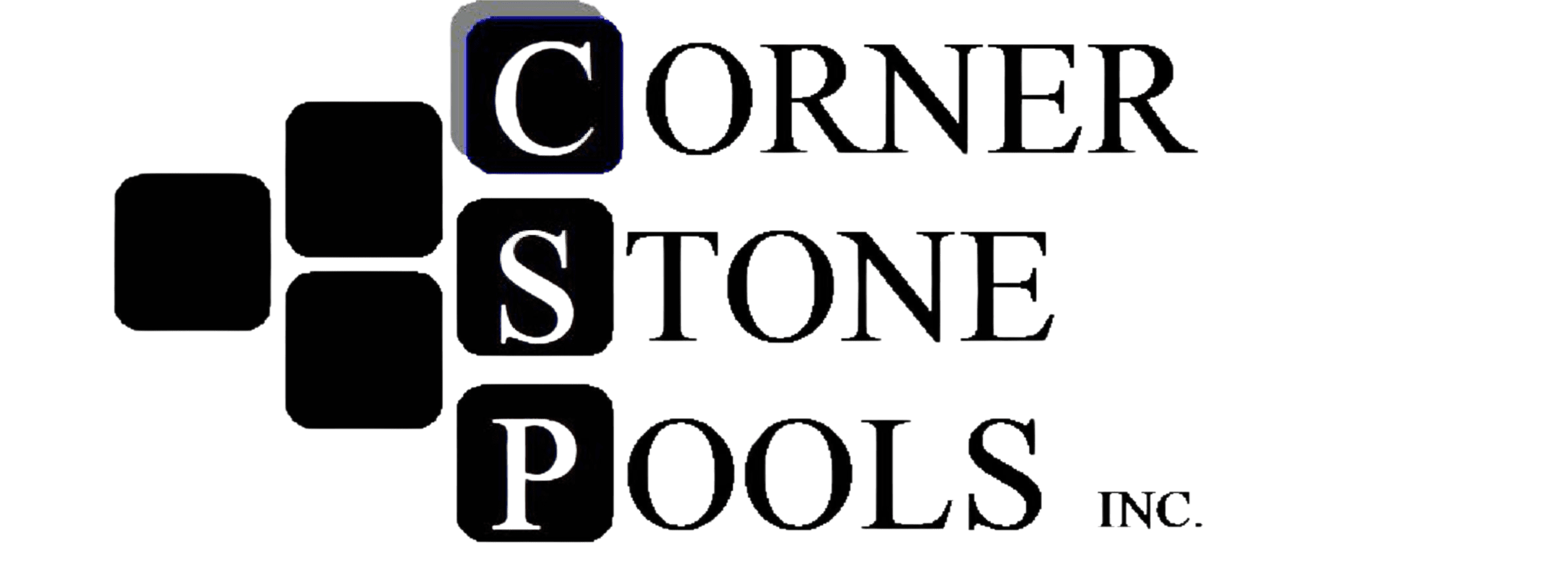 Logo of Corner Stone Pools Inc. featuring the letters C, S, P in individual squares on the left, followed by the words "CORNER STONE POOLS INC." on the right.